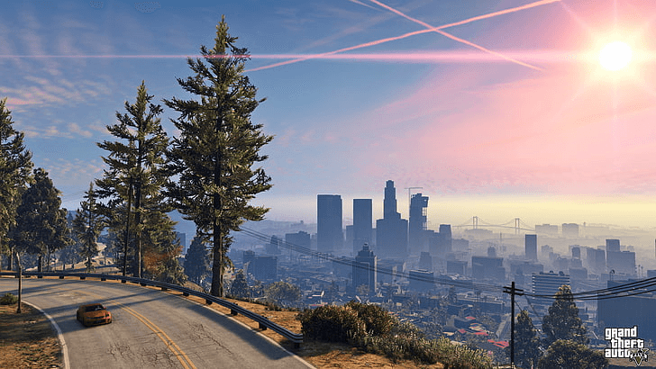 Landstraße oberhalb von Los Santos mit Blick auf die Skyline